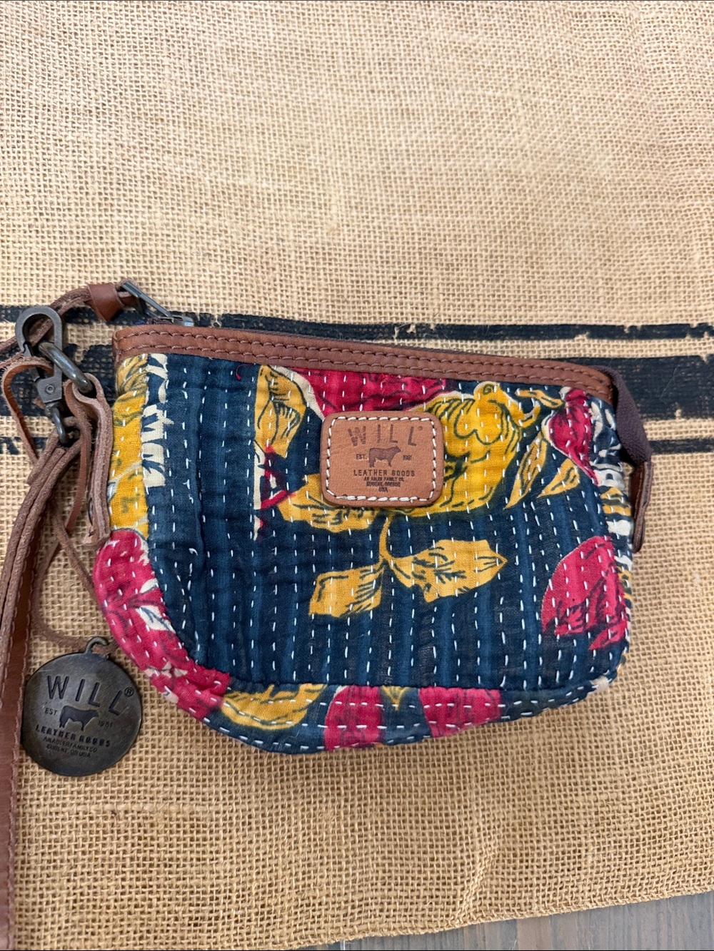 Will Leather Goods Quilted Floral Wristlet in Navy with Yellow & Red
